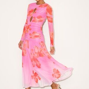Lulus Alexius Pink Floral Mesh Cutout Long Sleeve Maxi Dress - Size M